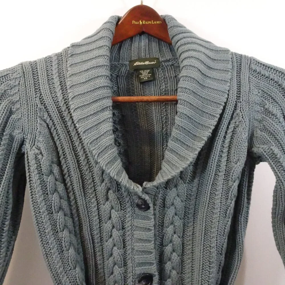 Eddie Bauer Cotton Cable Knit Belted Cardigan Sweater XS Petite Gray Green Vtg - Picture 2 of 6